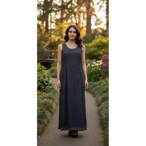 KARAVAN Denim Jumper Dress Size S Floral Embroidered Hem Back Buttons Y2K NWT